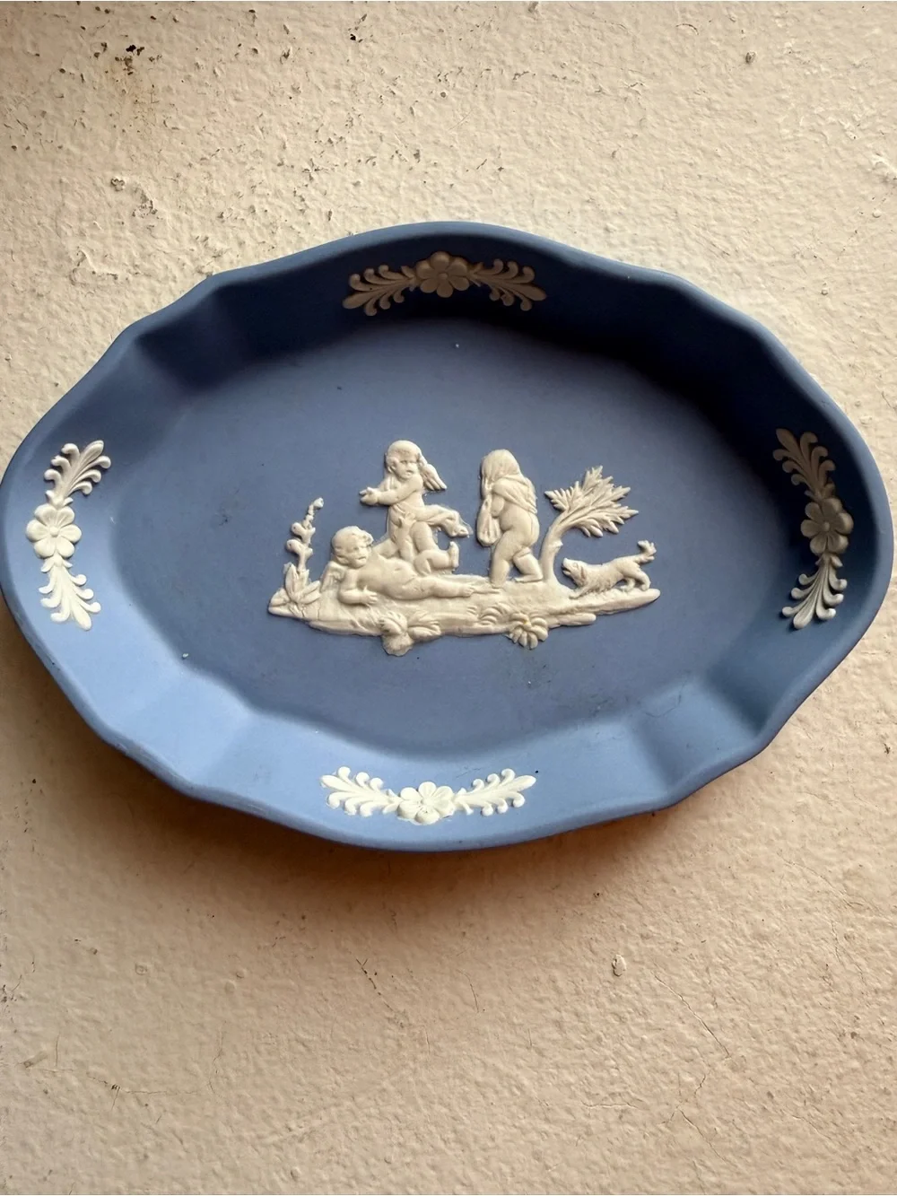 Wedgewood Blue Jasperware Cherub Oval Trinket Dish Made in England